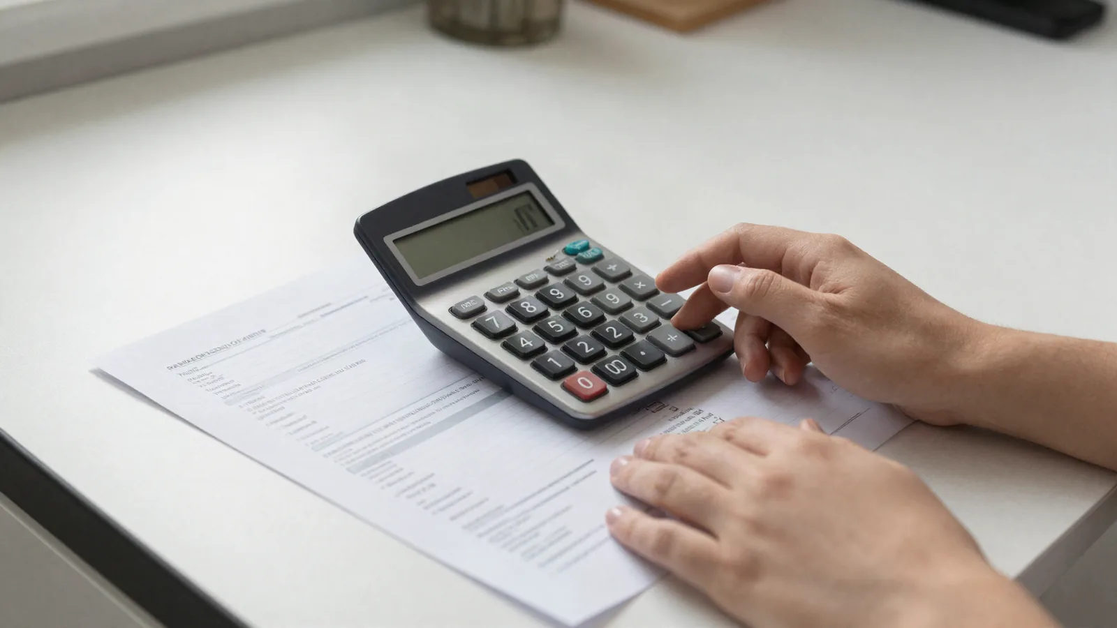 Hands holding a calculator over a kitchen table covered with household bills in soft window light