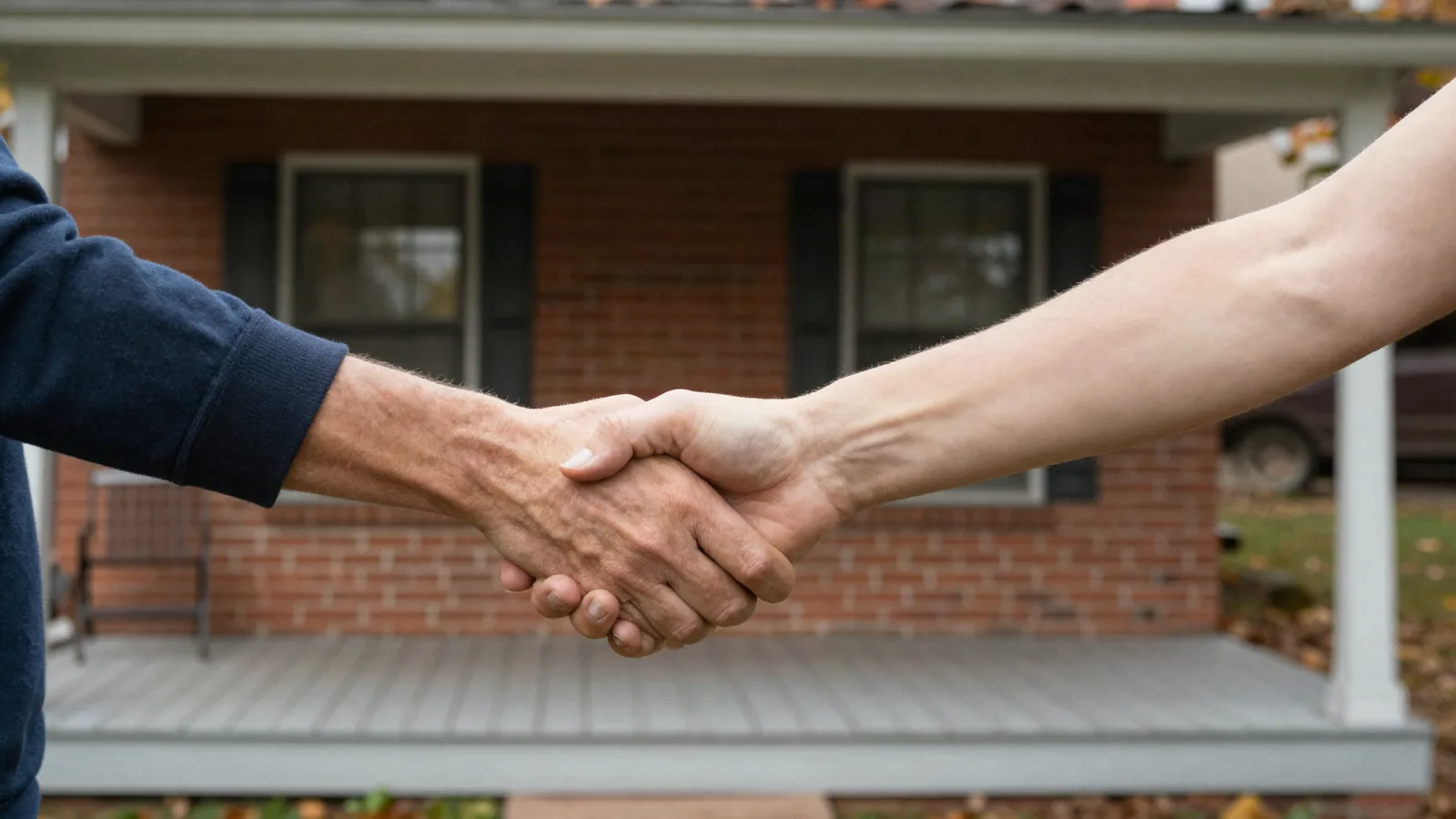 Two people shaking hands on the front porch of an older brick house in autumn daylight