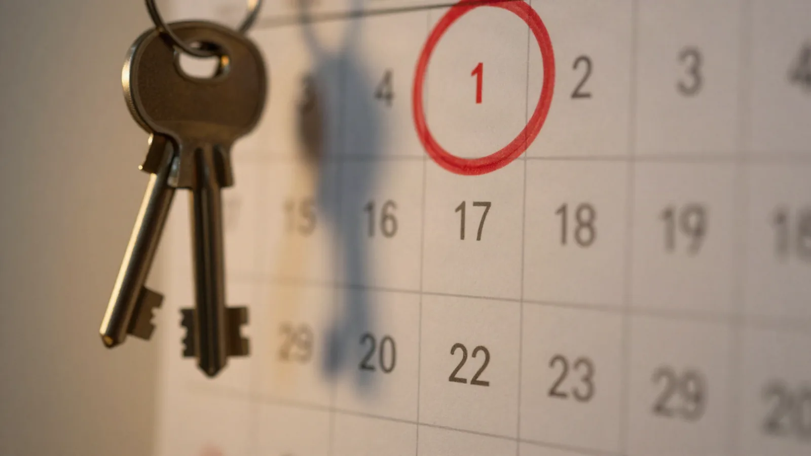 A desk with a laptop, a calendar with one date circled and a ring of house keys under a warm lamp