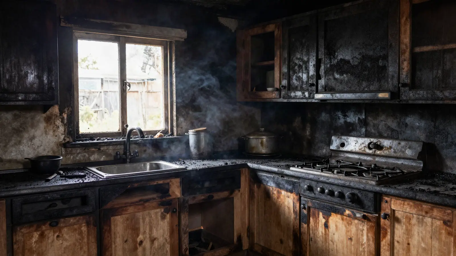 A smoke-blackened kitchen with charred cabinets after a house fire, lit by daylight from a window