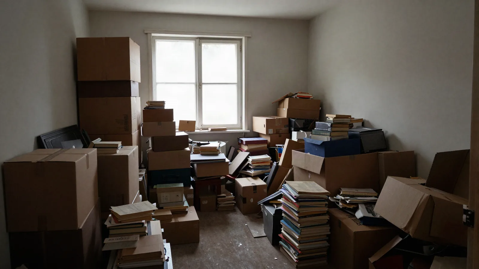 A room filled with stacked boxes, books and furniture in soft daylight from a window