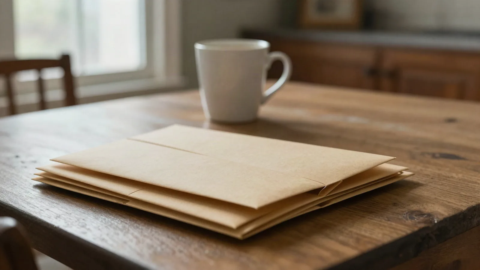 A kitchen table with a stack of unopened envelopes and a cup of coffee in morning light