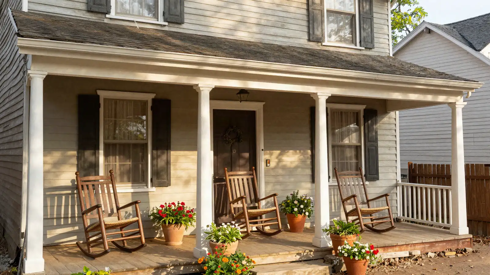 A sunny front porch with two rocking chairs and potted plants in warm afternoon light