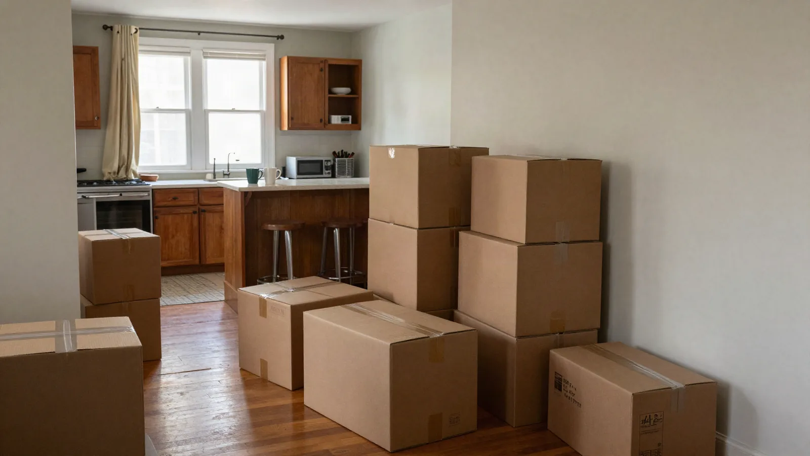 A half-packed living room with moving boxes along the wall and two coffee mugs on the kitchen counter