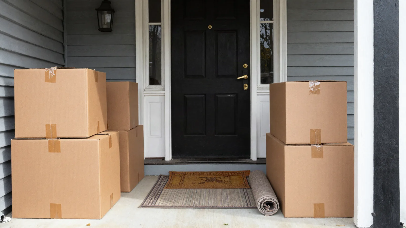 Moving boxes and a rolled rug stacked by the front door of an older house in morning light