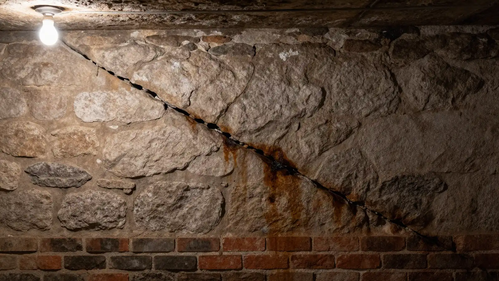 An old basement wall with a long diagonal crack and water staining lit by a single bulb
