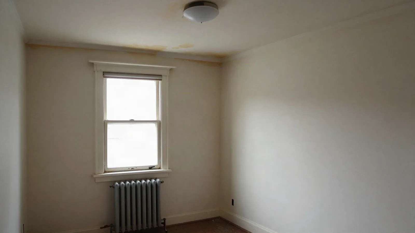 Inside an older house that needs repairs, with a water-stained ceiling, peeling paint and an old radiator under the window