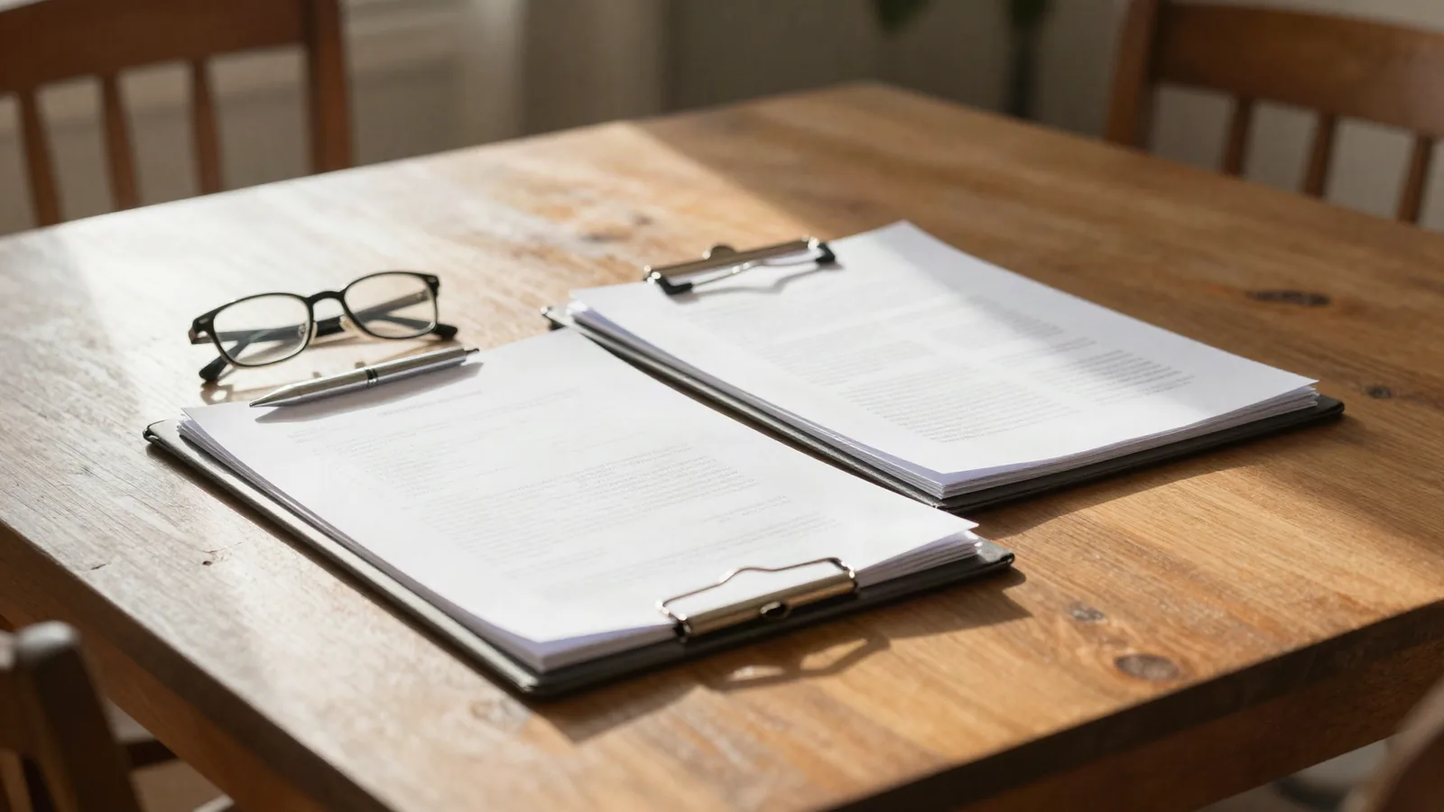A folder of documents with reading glasses and a pen on a sunlit dining table