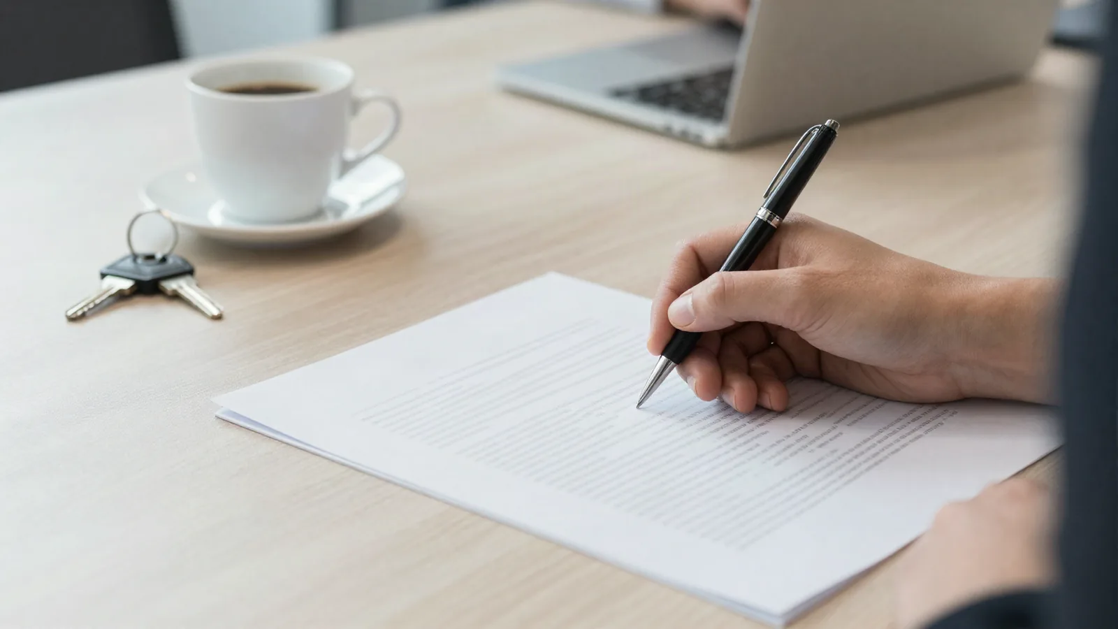 A hand signing paperwork at a conference table beside a cup of coffee and a ring of house keys