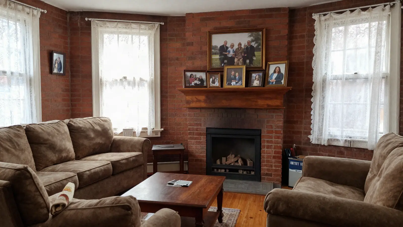 A quiet living room in an older brick home with family photos on the mantel and afternoon light through lace curtains
