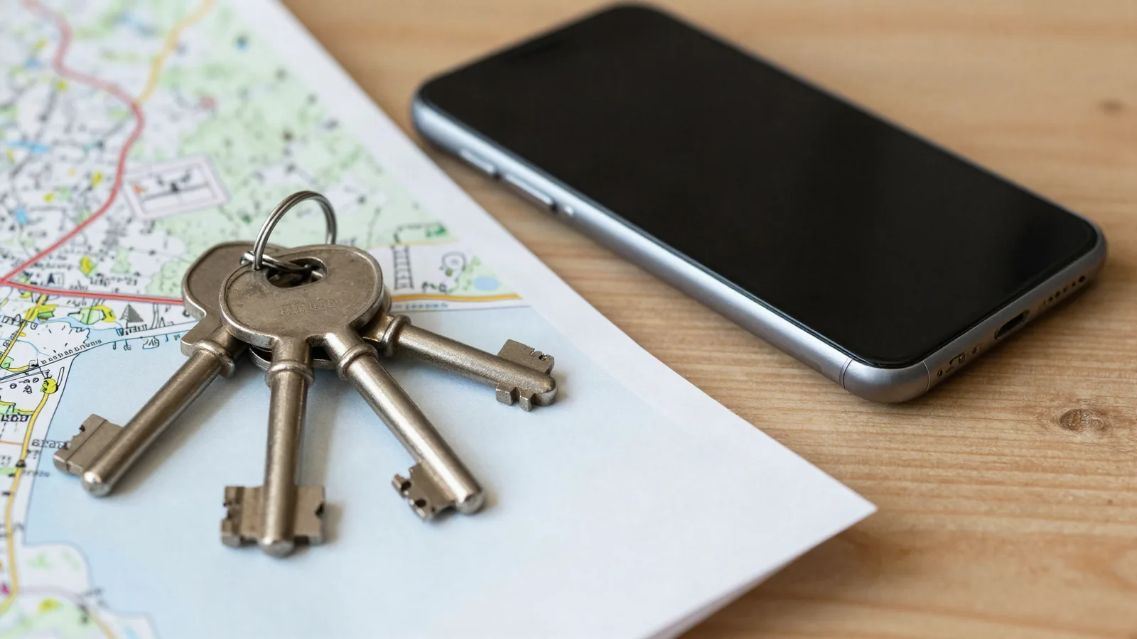 Old house keys and a folded map on a wooden table next to a phone in soft daylight