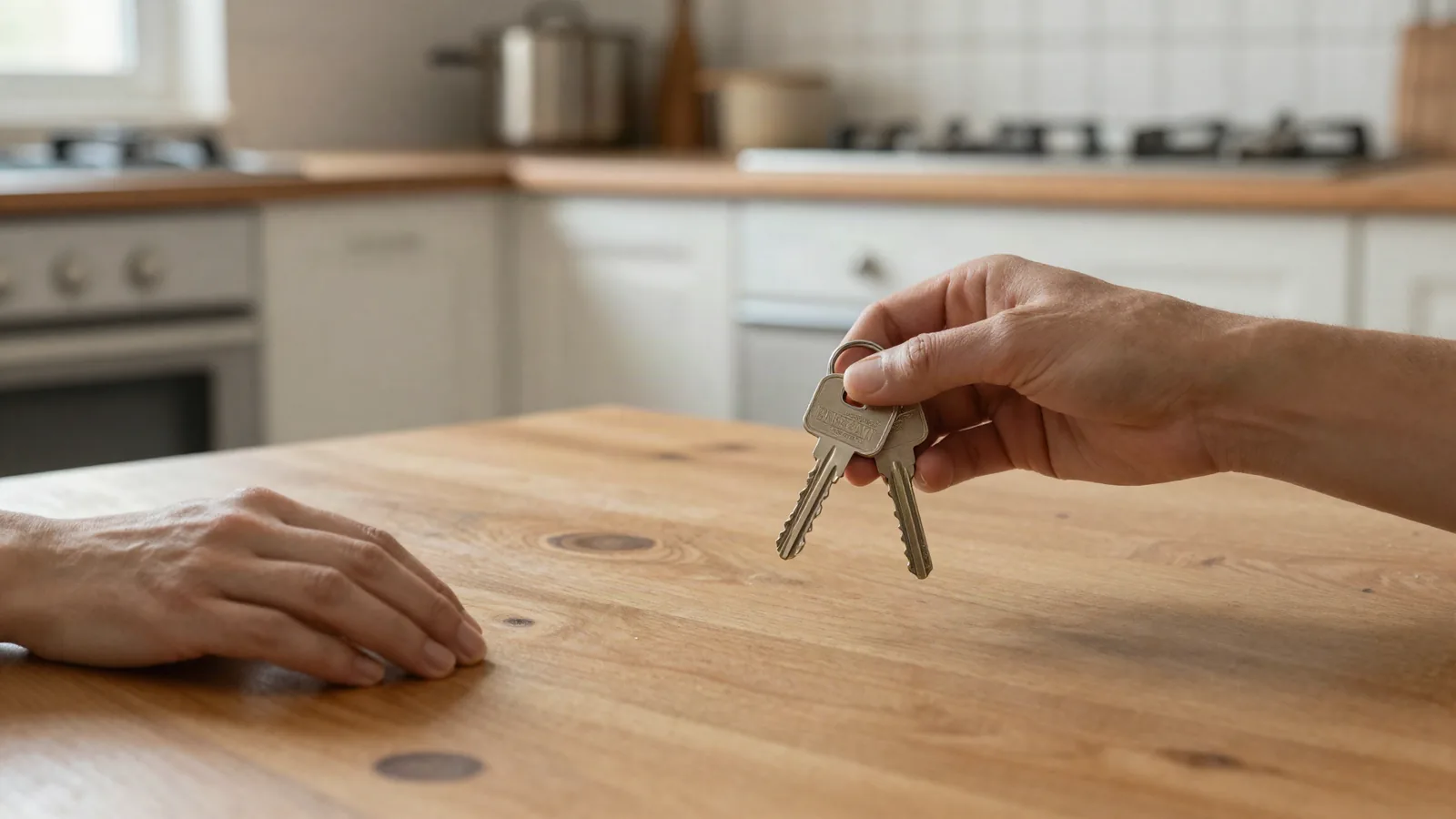 House keys being handed across a wooden kitchen table in warm morning light