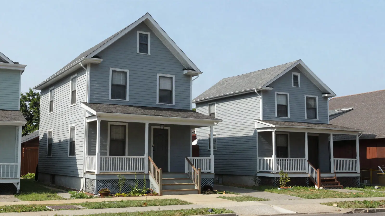 A tall, narrow older frame house with a front gable and a covered porch beside similar houses