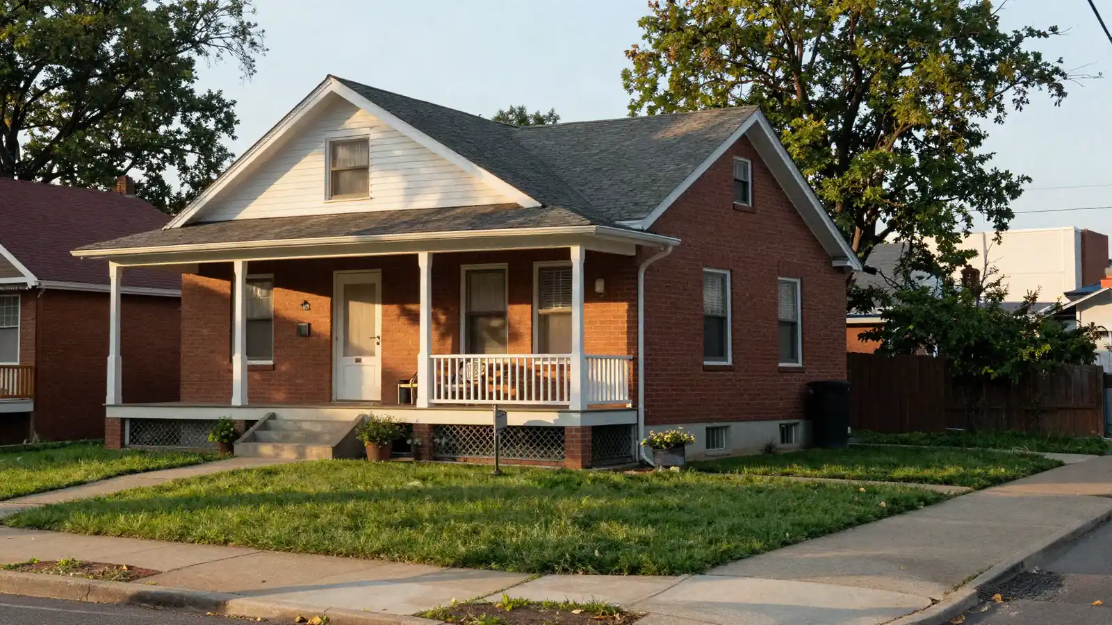 A 1920s brick bungalow with a deep front porch and a small sloped lawn in late afternoon sun