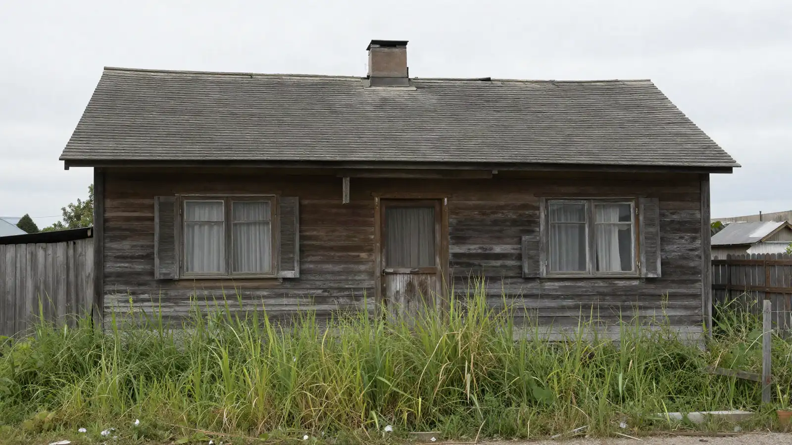 An empty older wood-frame house with tall grass in the front yard and closed curtains under an overcast sky